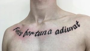 Forskellige mænds tatoveringer i form af inskriptioner på brystbenet