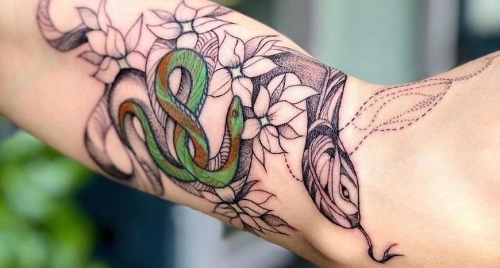 Granskning av mäns tatuering med ormar på armen